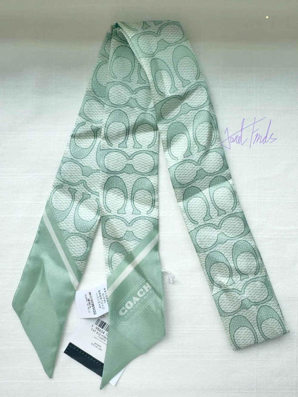 NWT 🍵 COACH Mint Textured Signature Logo Silk Scarf